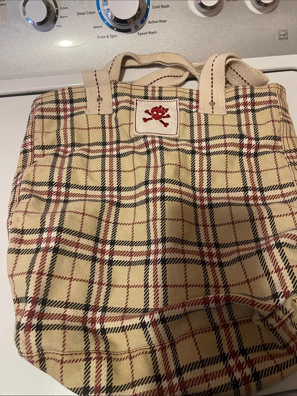 Beige Plaid Canvas Tote with Red Accent